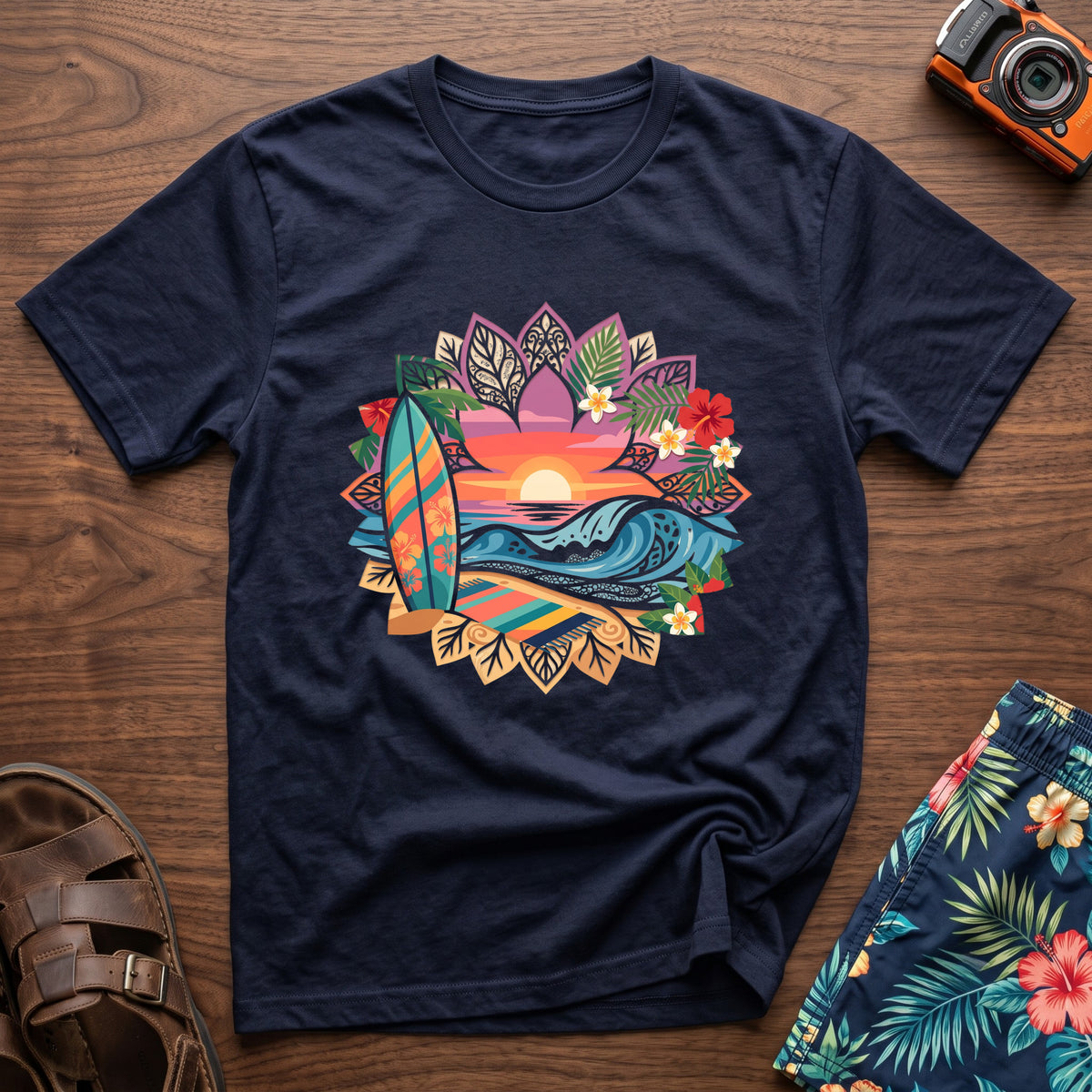 Floral Surf T-Shirt in Navy, front view.