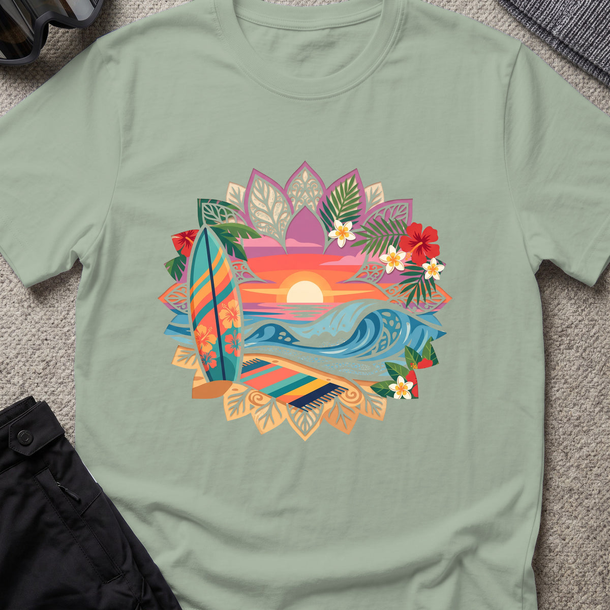 Floral Surf T-Shirt in Sage, front view.