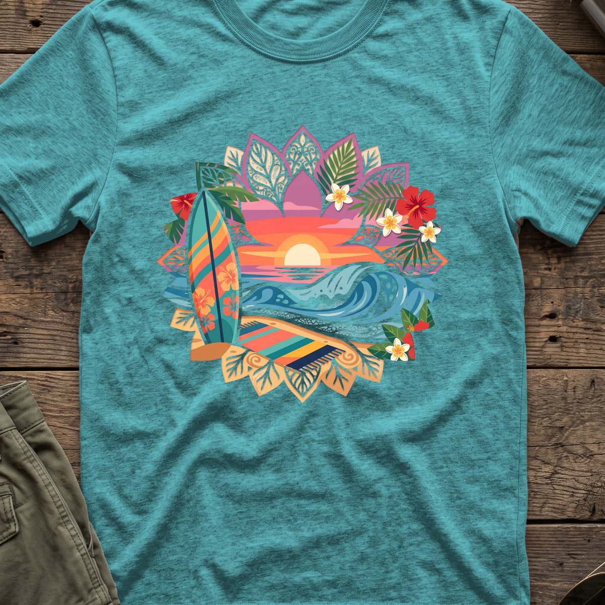 Floral Surf T-Shirt in Heather Galapagos Blue, front view.