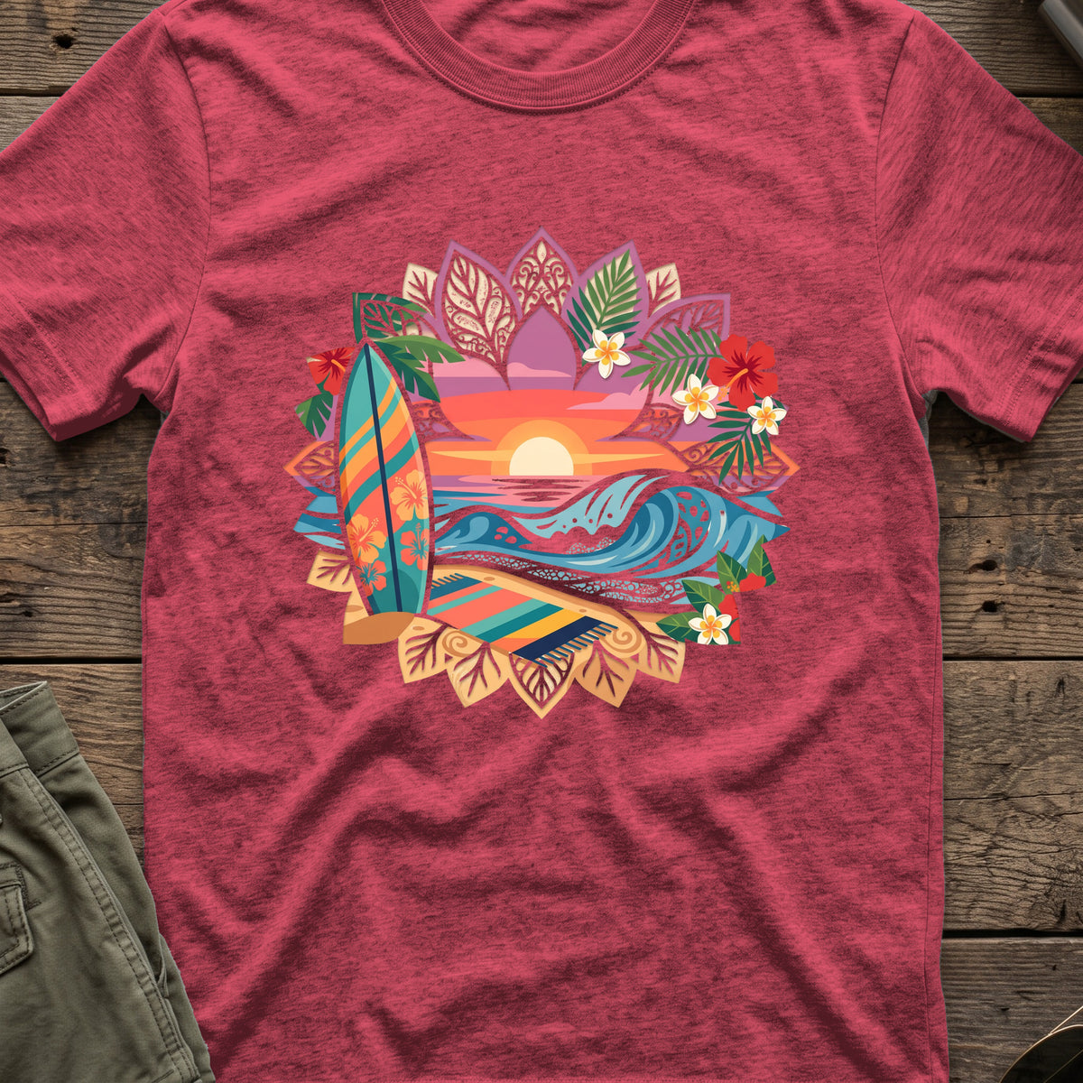 Floral Surf T-Shirt in Heather Cardinal, front view.