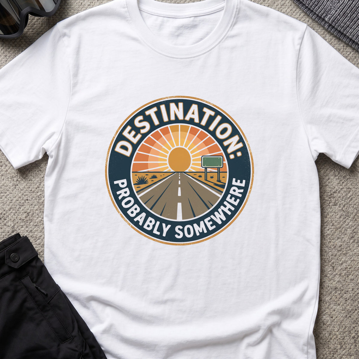 Destination: Somewhere T-Shirt in White, front view.