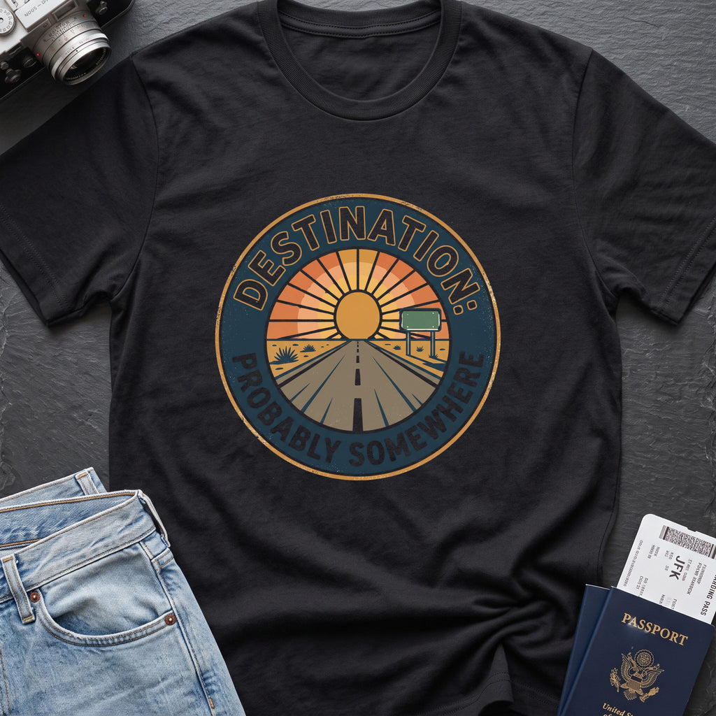 Destination: Somewhere T-Shirt in Black, front view.
