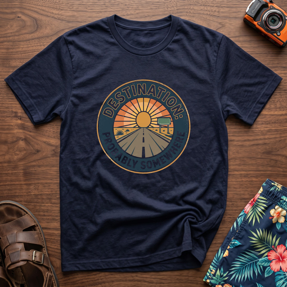Destination: Somewhere T-Shirt in Navy, front view.