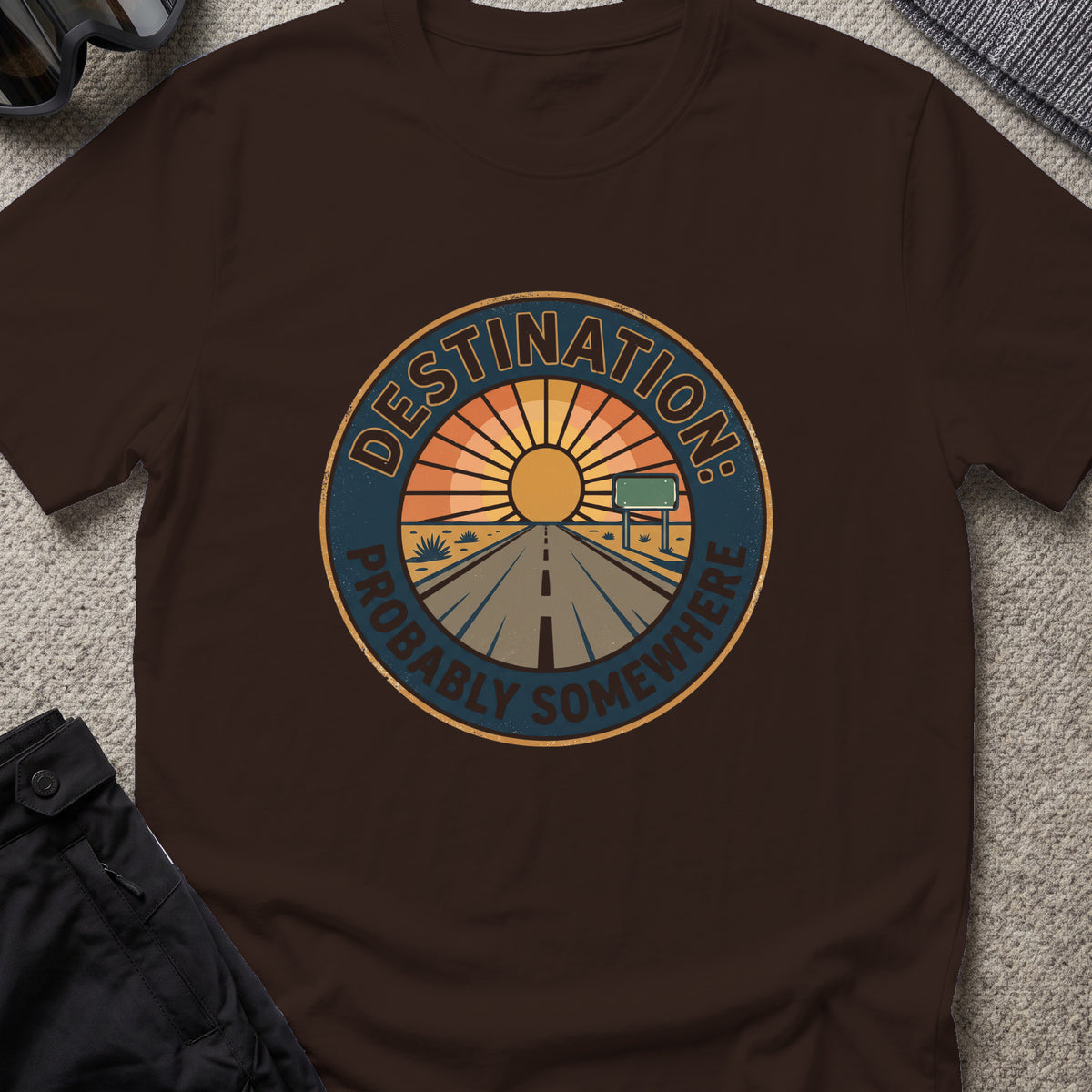 Destination: Somewhere T-Shirt in Dark Chocolate, front view.