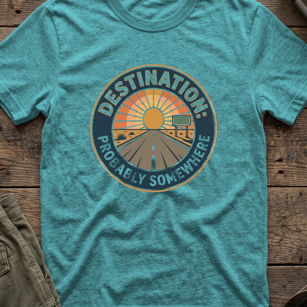 Destination: Somewhere T-Shirt in Heather Galapagos Blue, front view.