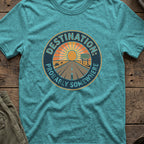 Destination: Somewhere T-Shirt in Heather Galapagos Blue, front view.