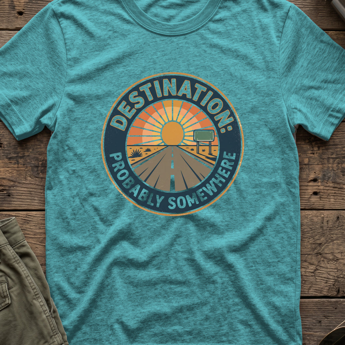 Destination: Somewhere T-Shirt in Heather Galapagos Blue, front view.