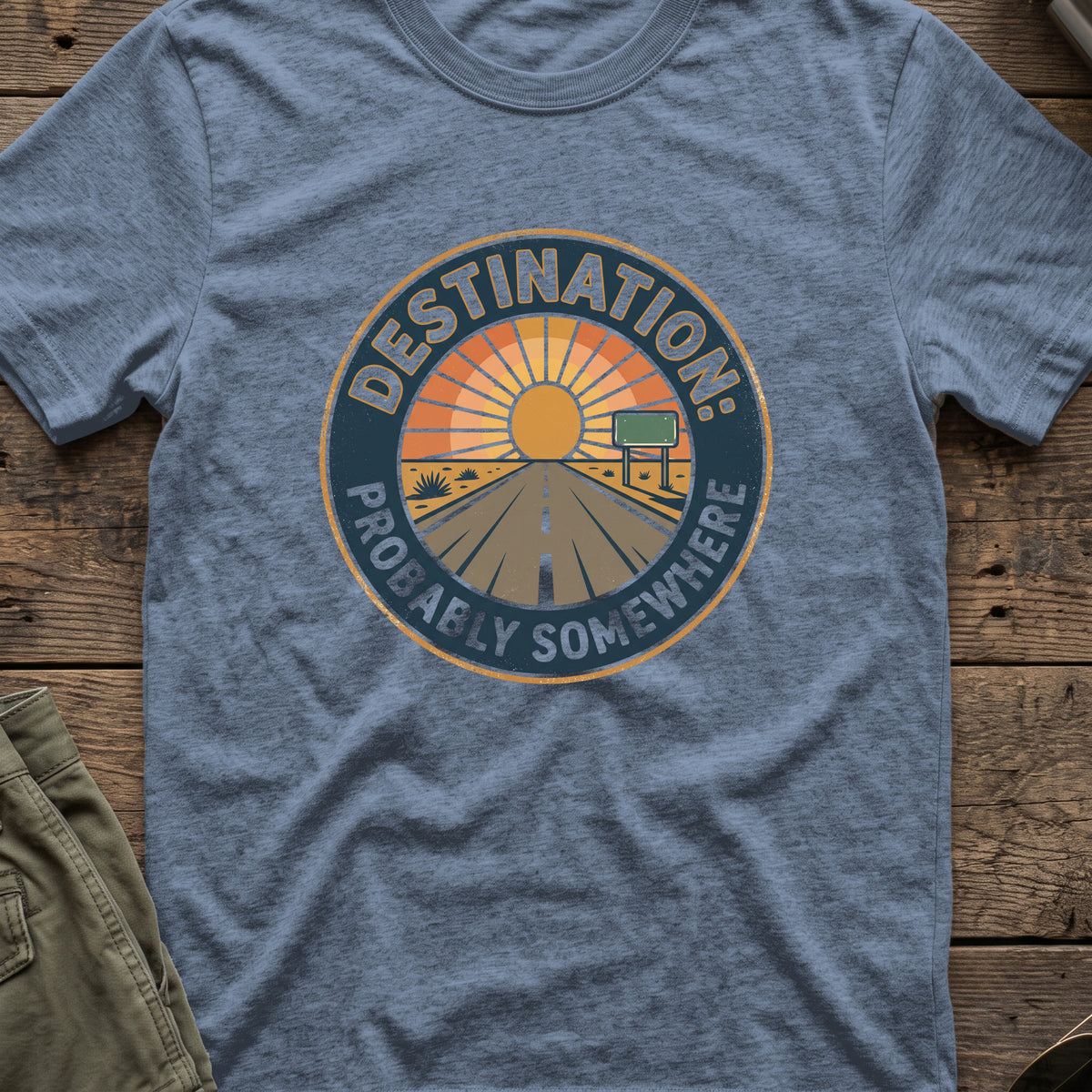 Destination: Somewhere T-Shirt in Heather Indigo, front view.