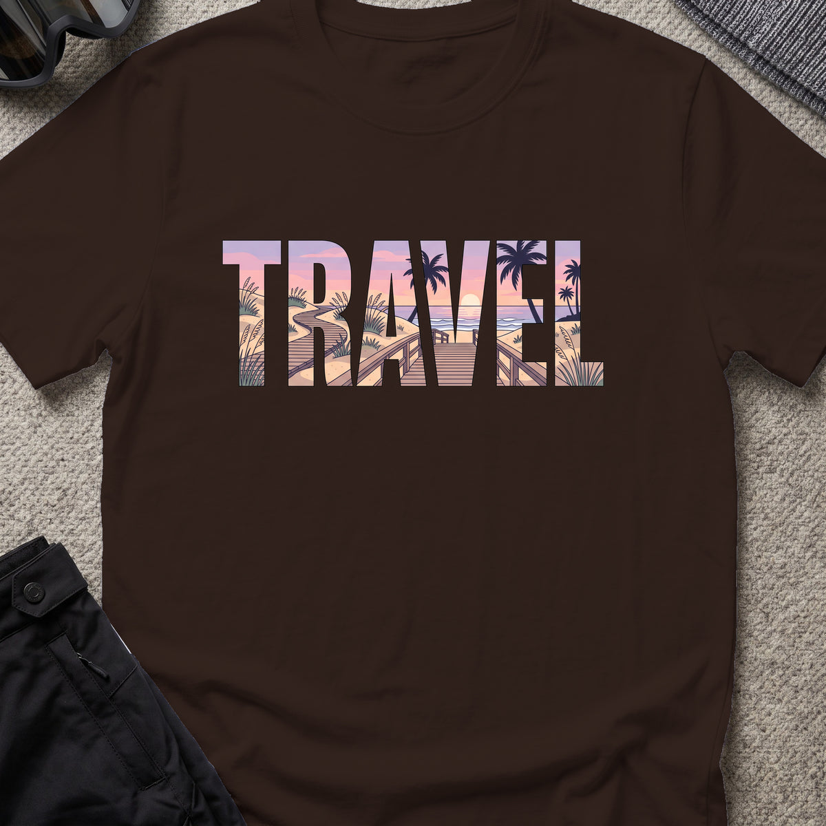 Travel Boardwalk T-Shirt in Dark Chocolate, front view.