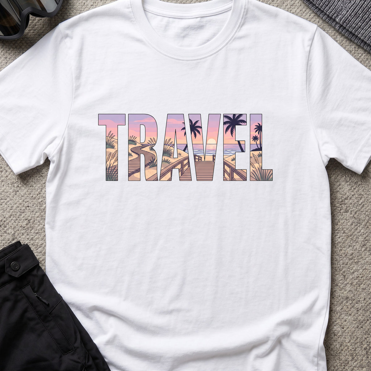 Travel Boardwalk T-Shirt in White, front view.