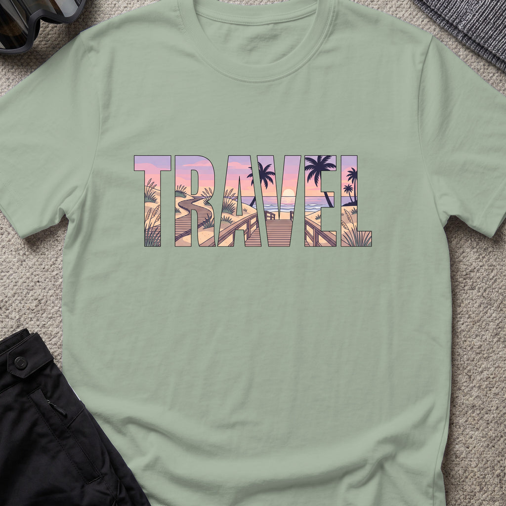 Travel Boardwalk T-Shirt in Sage, front view.