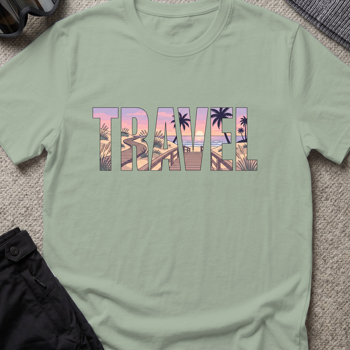 Travel Boardwalk T-Shirt in Sage, front view.