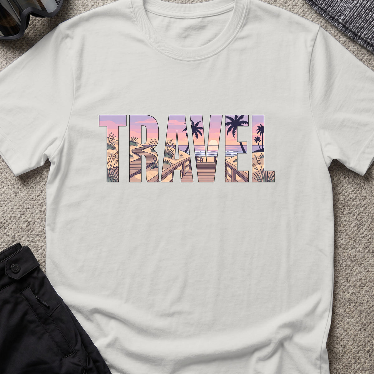 Travel Boardwalk T-Shirt in Ice Grey, front view.