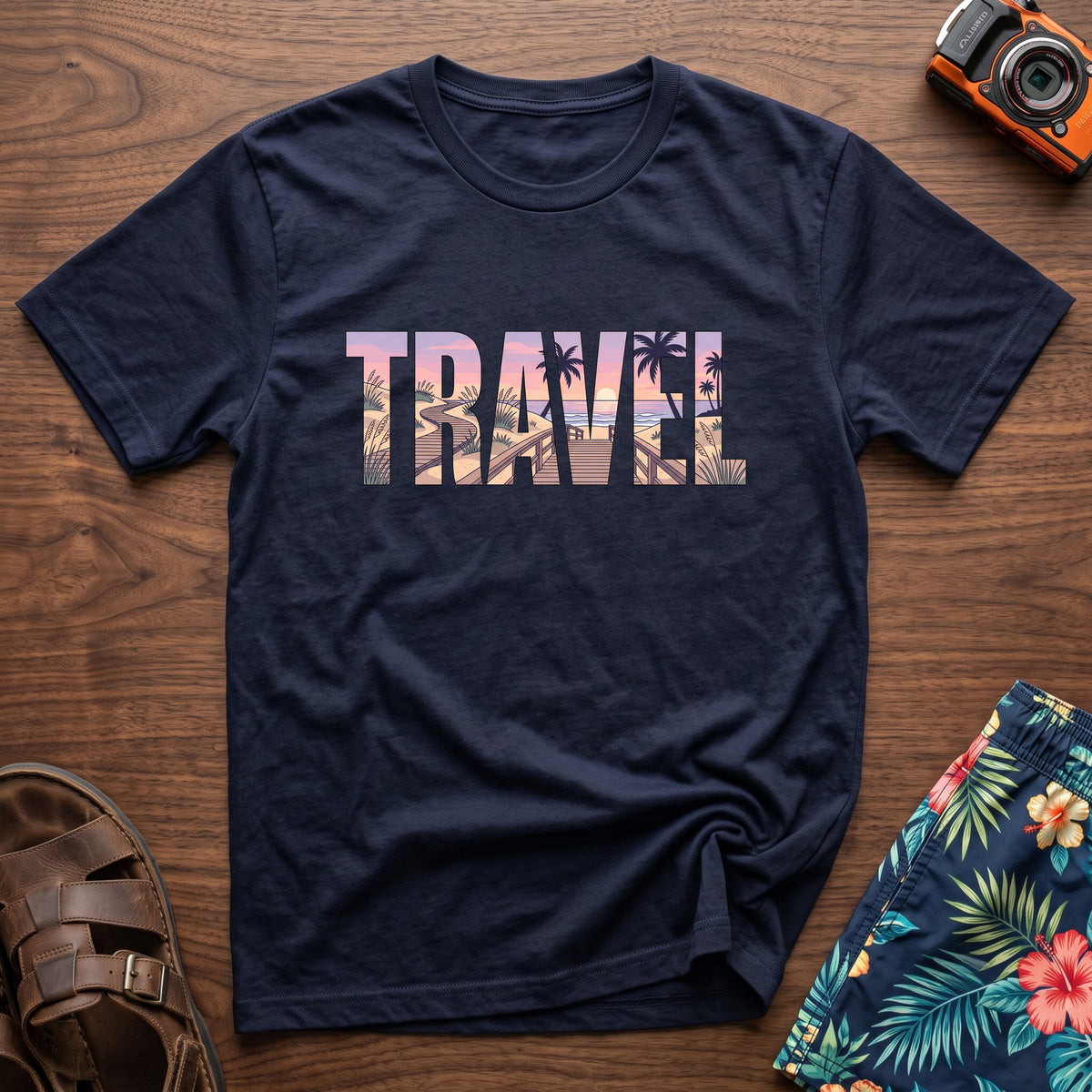 Travel Boardwalk T-Shirt in Navy, front view.