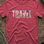 Travel Boardwalk T-Shirt in Heather Cardinal, front view.