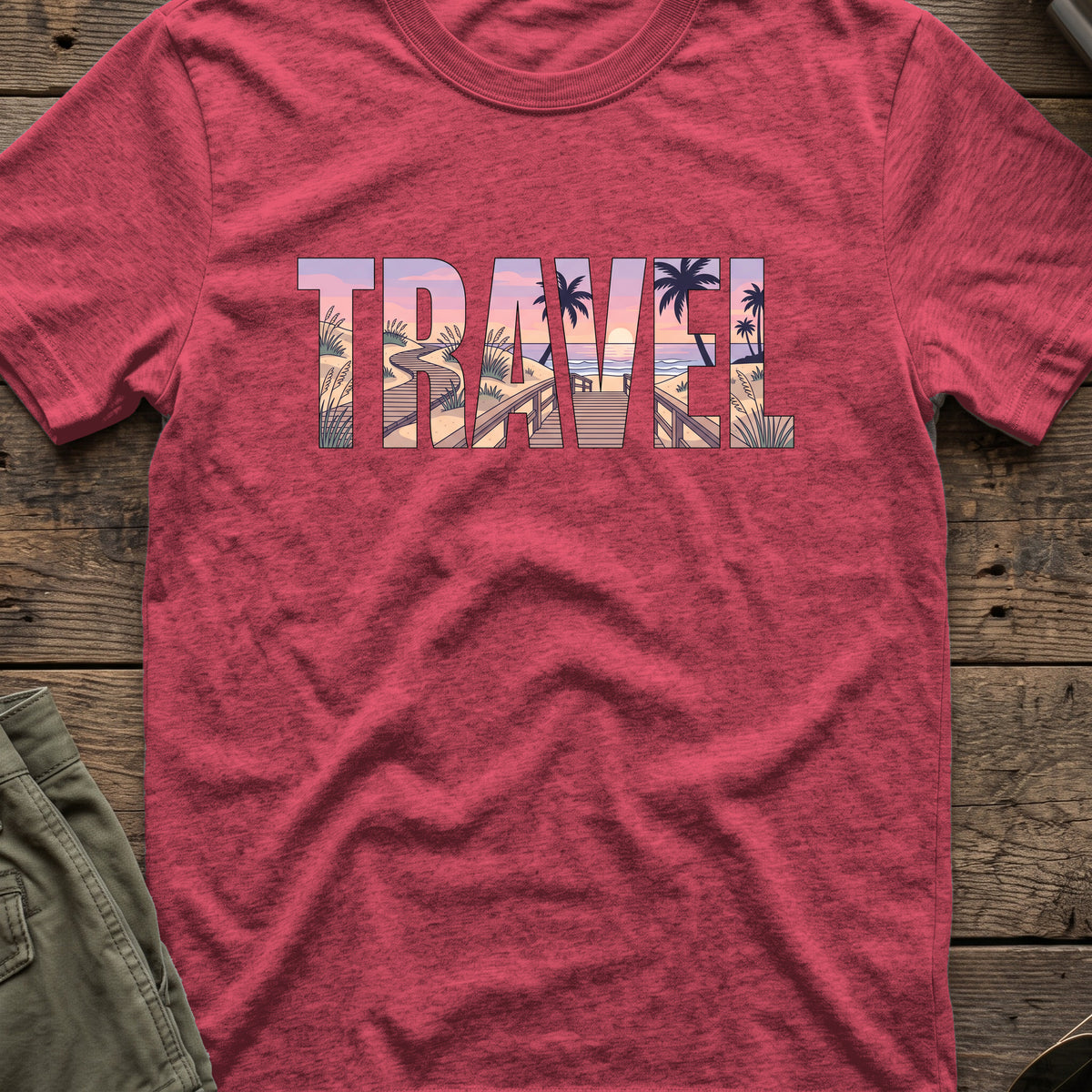 Travel Boardwalk T-Shirt in Heather Cardinal, front view.
