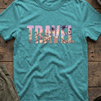 Travel Boardwalk T-Shirt in Heather Galapagos Blue, front view.