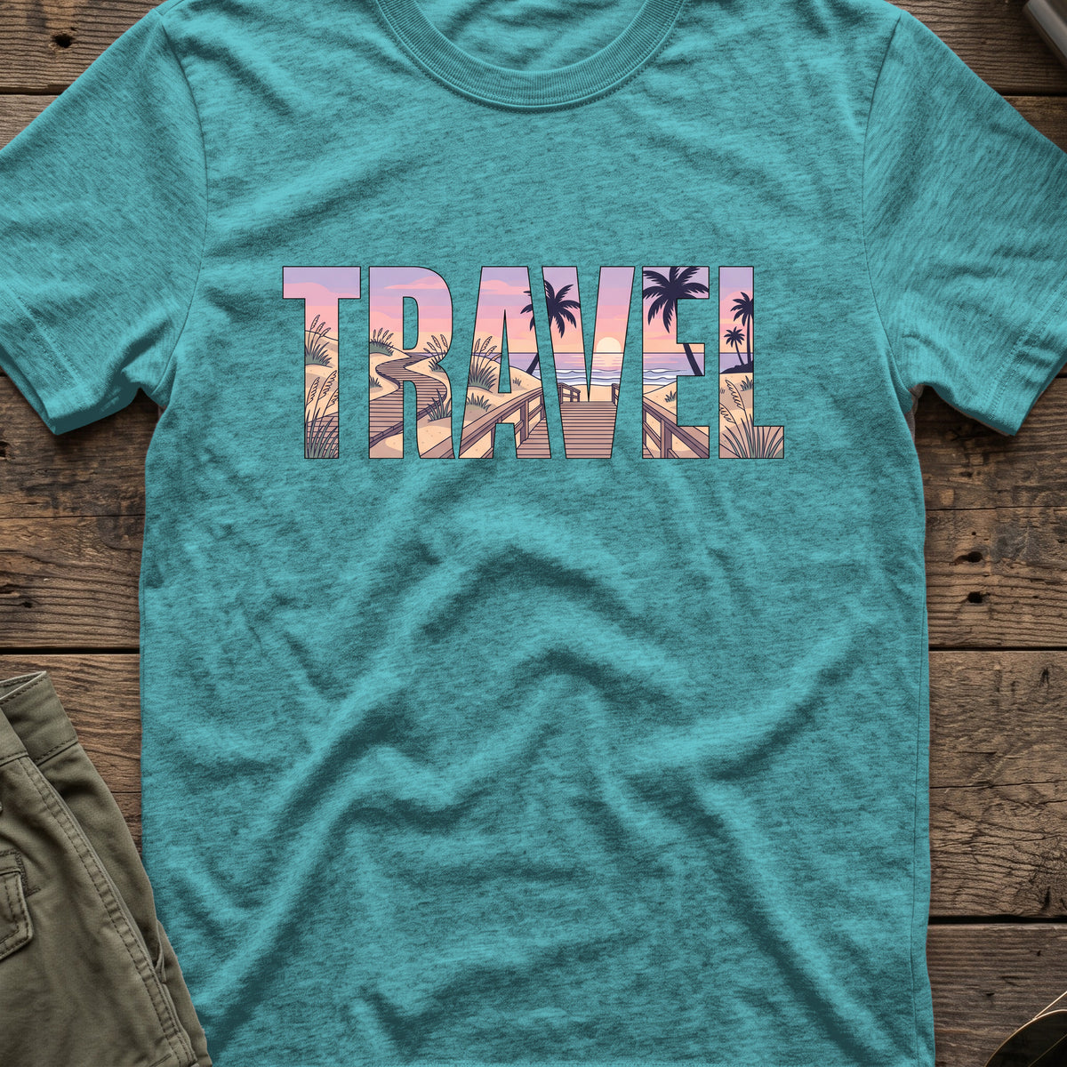 Travel Boardwalk T-Shirt in Heather Galapagos Blue, front view.