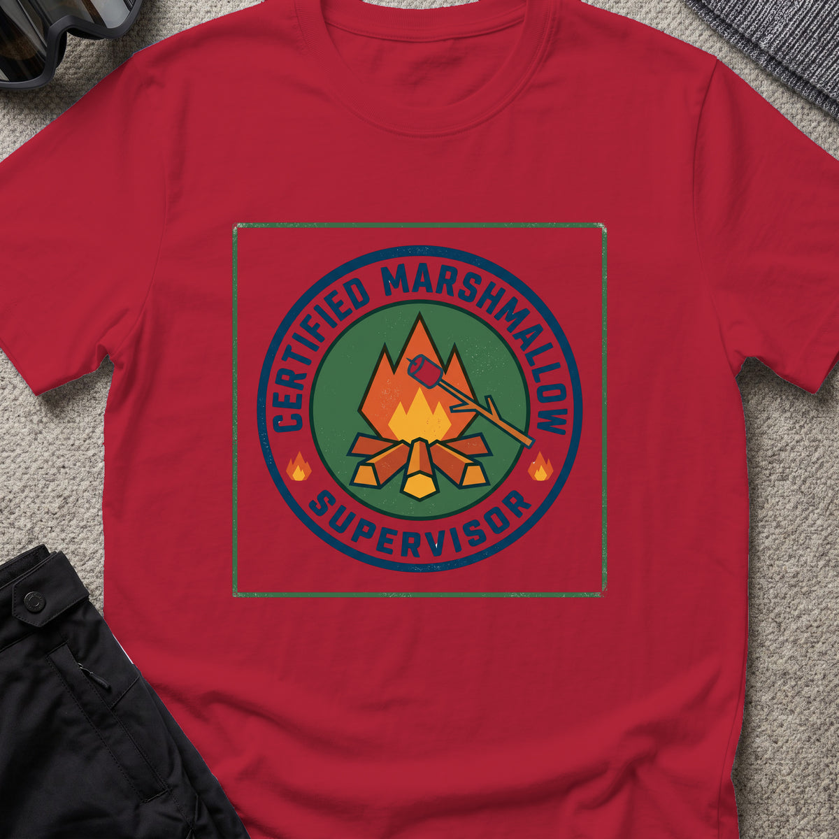 Certified Marshmallow Manager T-Shirt in Antique Cherry Red, front view.