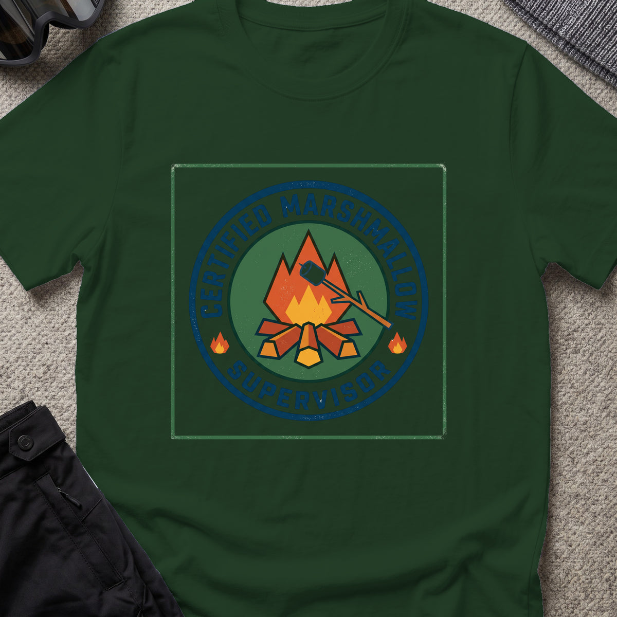 Certified Marshmallow Manager T-Shirt in Forest Green, front view.