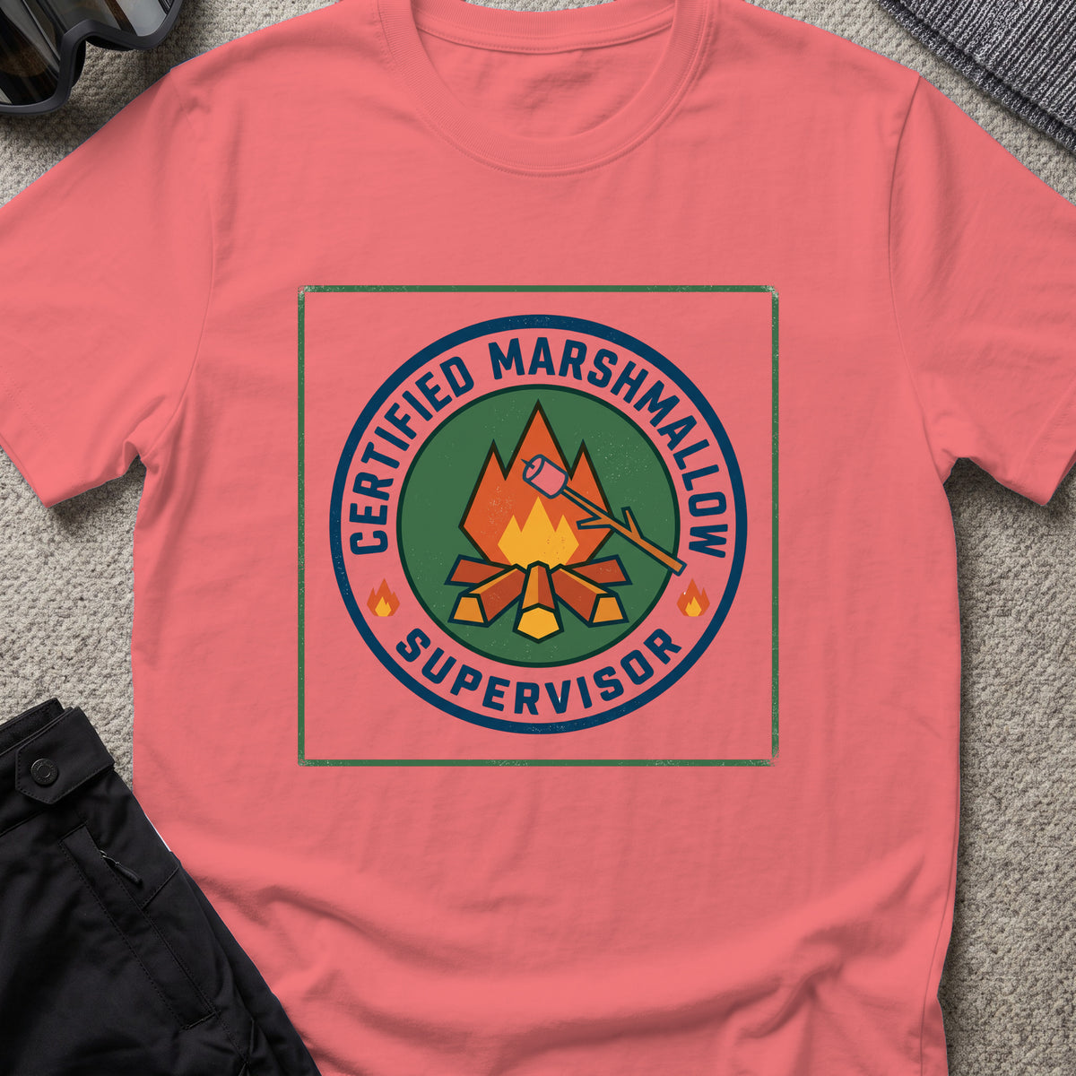 Certified Marshmallow Manager T-Shirt in Coral Silk, front view.
