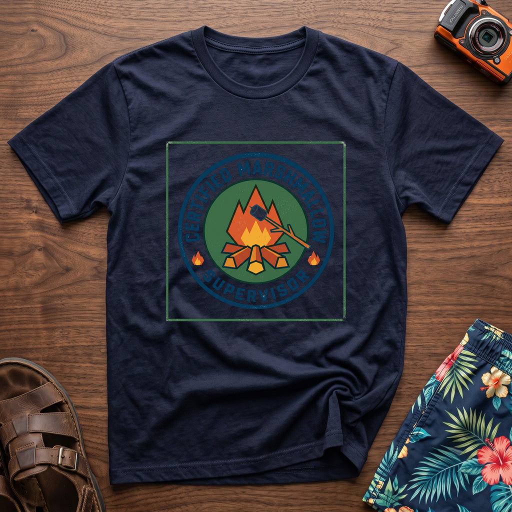 Certified Marshmallow Manager T-Shirt in Navy, front view.