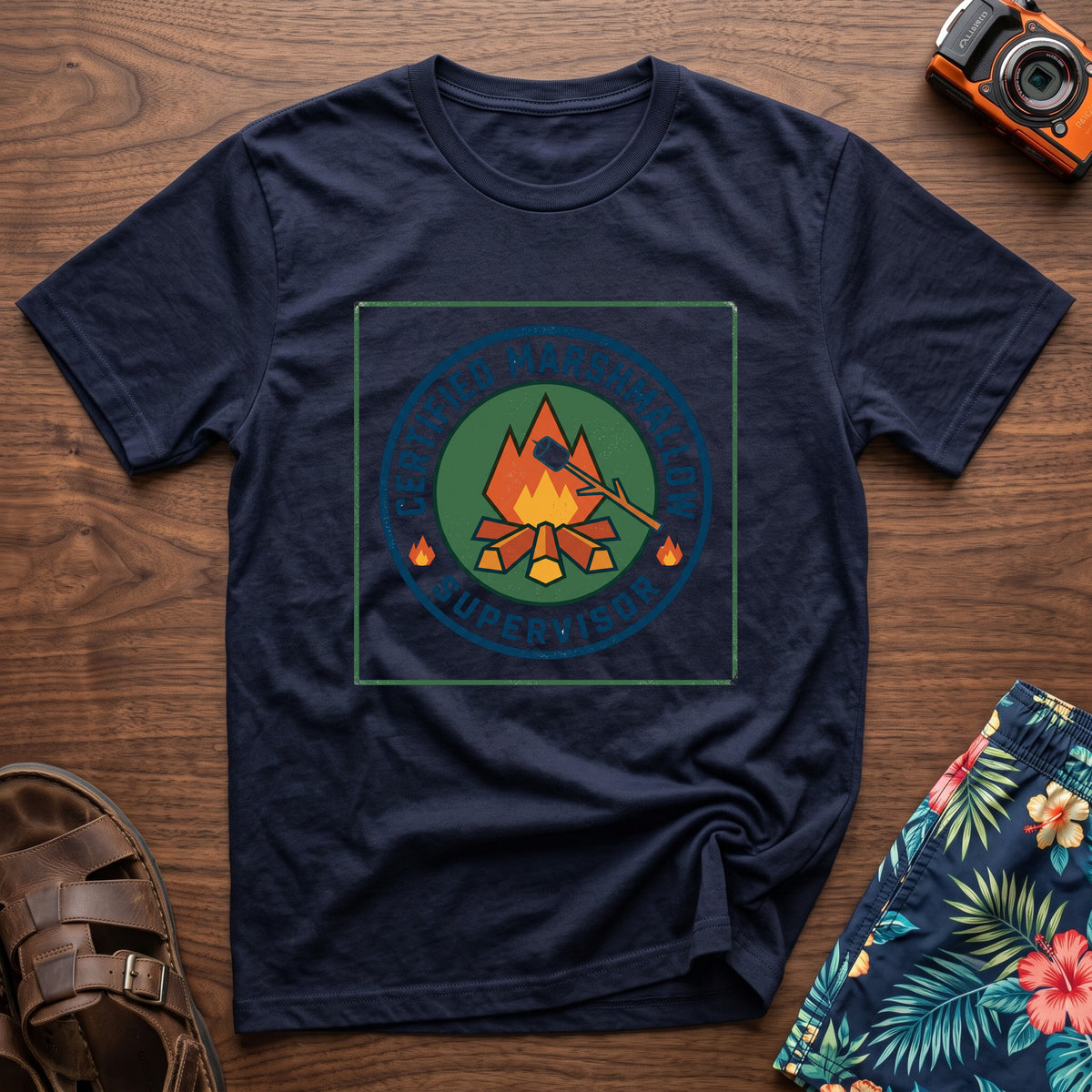 Certified Marshmallow Manager T-Shirt in Navy, front view.