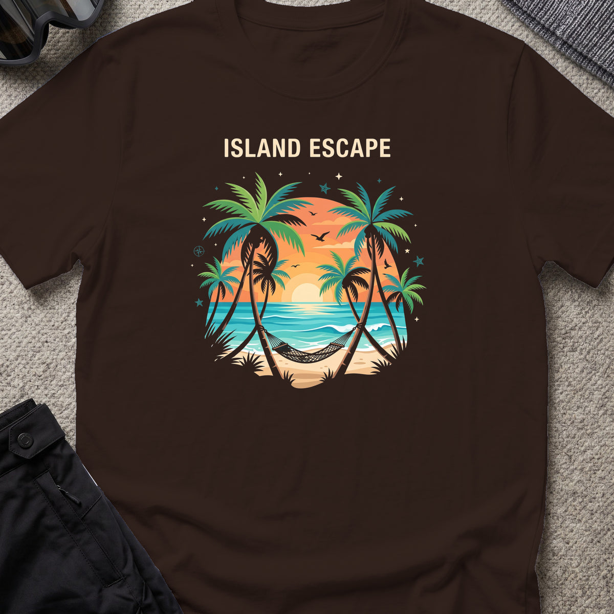 Tropical Retreat T-Shirt in Dark Chocolate, front view.