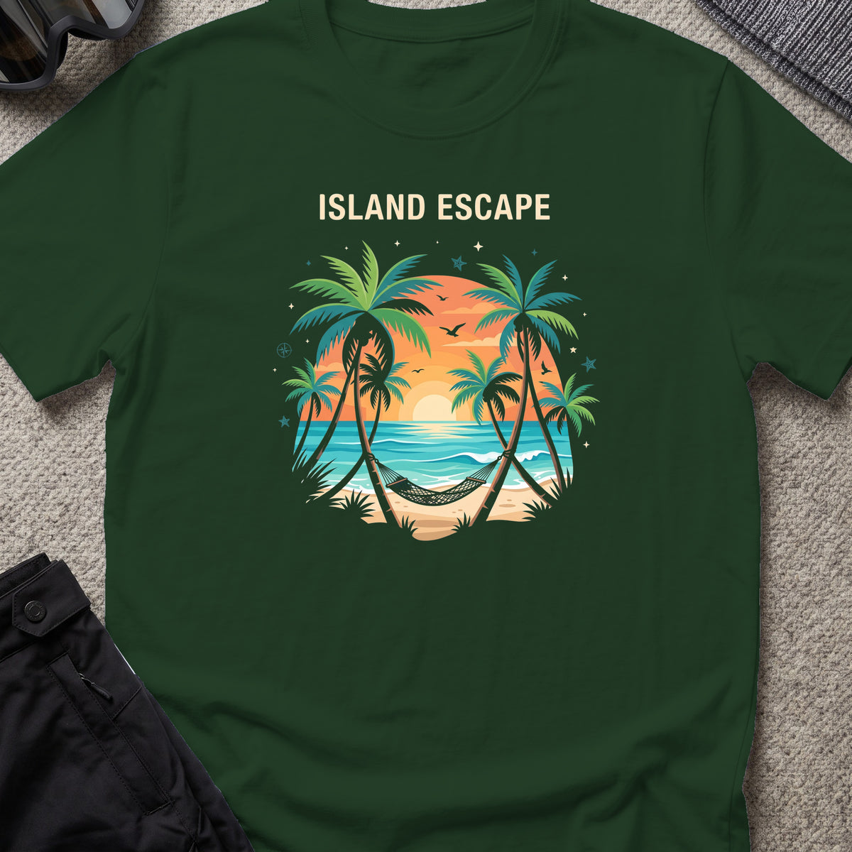 Tropical Retreat T-Shirt in Forest Green, front view.