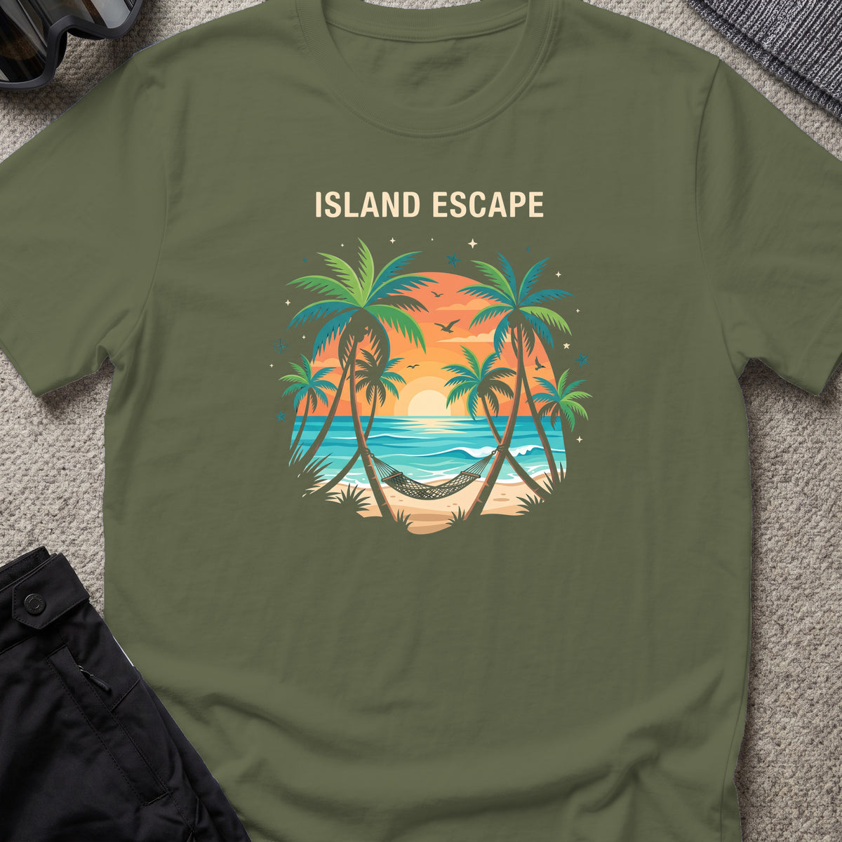 Tropical Retreat T-Shirt in Military Green, front view.