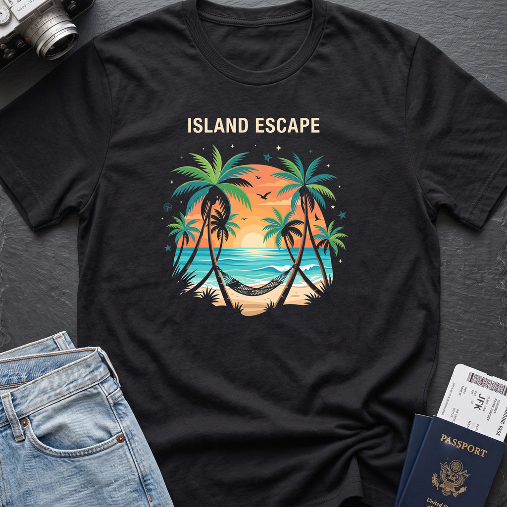 Tropical Retreat T-Shirt in Black, front view.