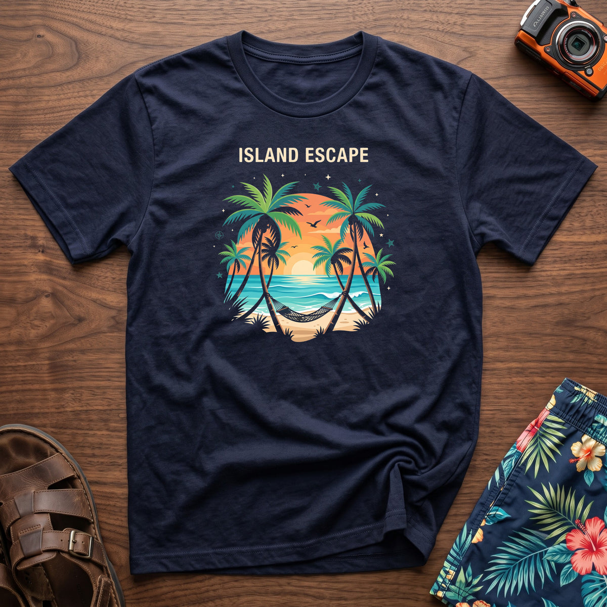 Tropical Retreat T-Shirt in Navy, front view.