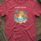 Tropical Retreat T-Shirt in Heather Cardinal, front view.