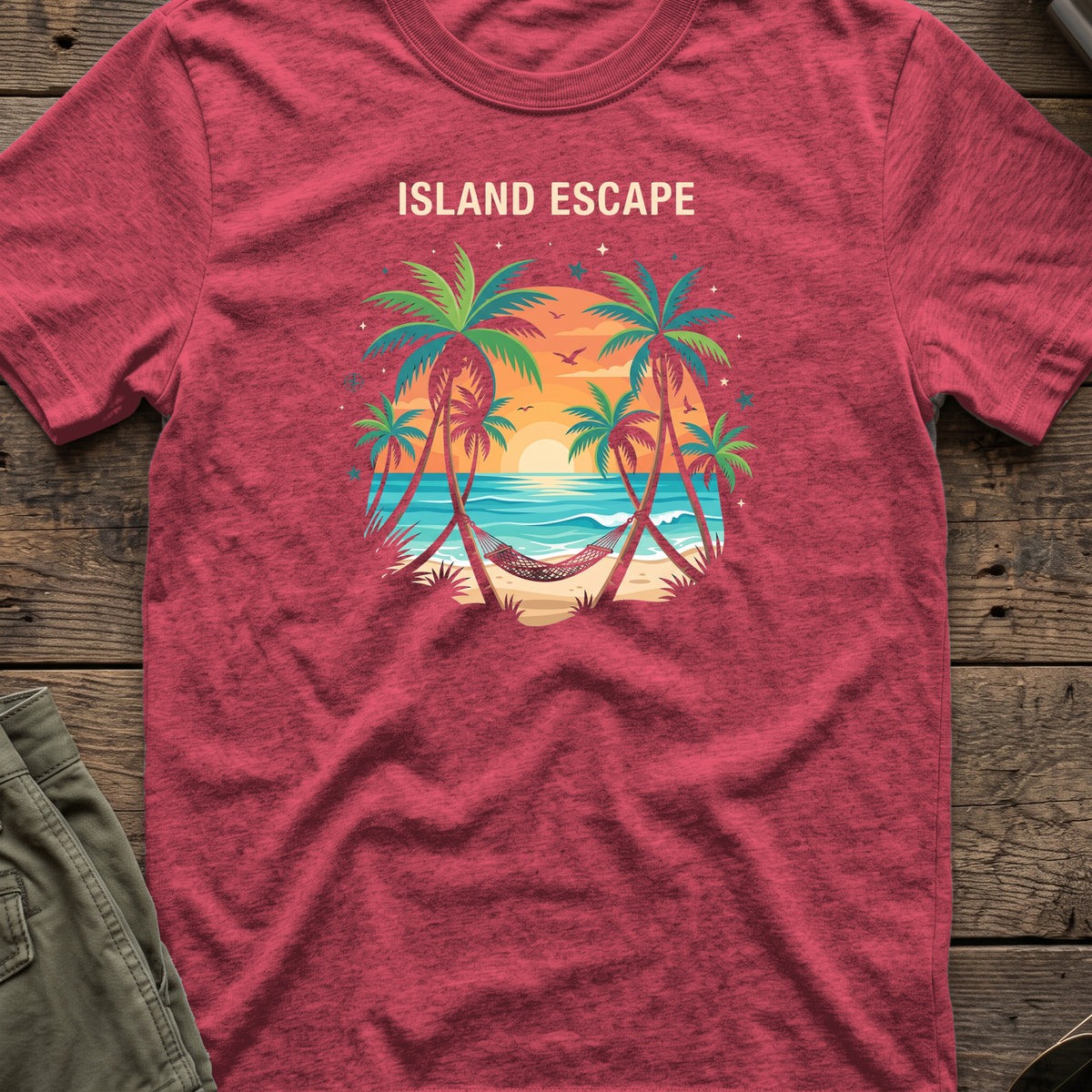 Tropical Retreat T-Shirt in Heather Cardinal, front view.