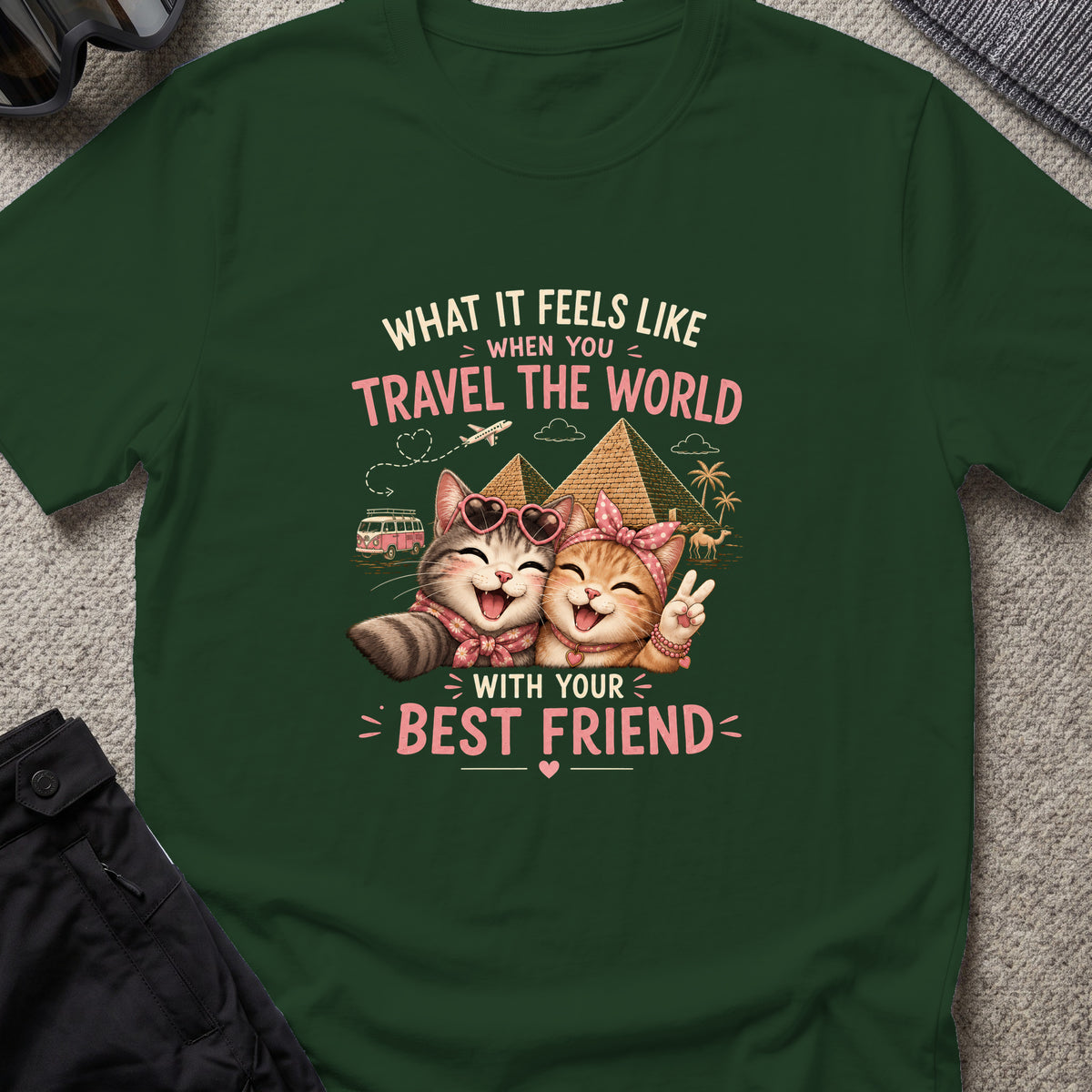 Traveling Kitty Best Friends T-Shirt in Forest Green, front view.