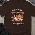 Traveling Kitty Best Friends T-Shirt in Dark Chocolate, front view.