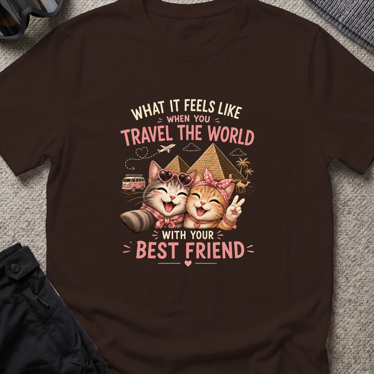 Traveling Kitty Best Friends T-Shirt in Dark Chocolate, front view.