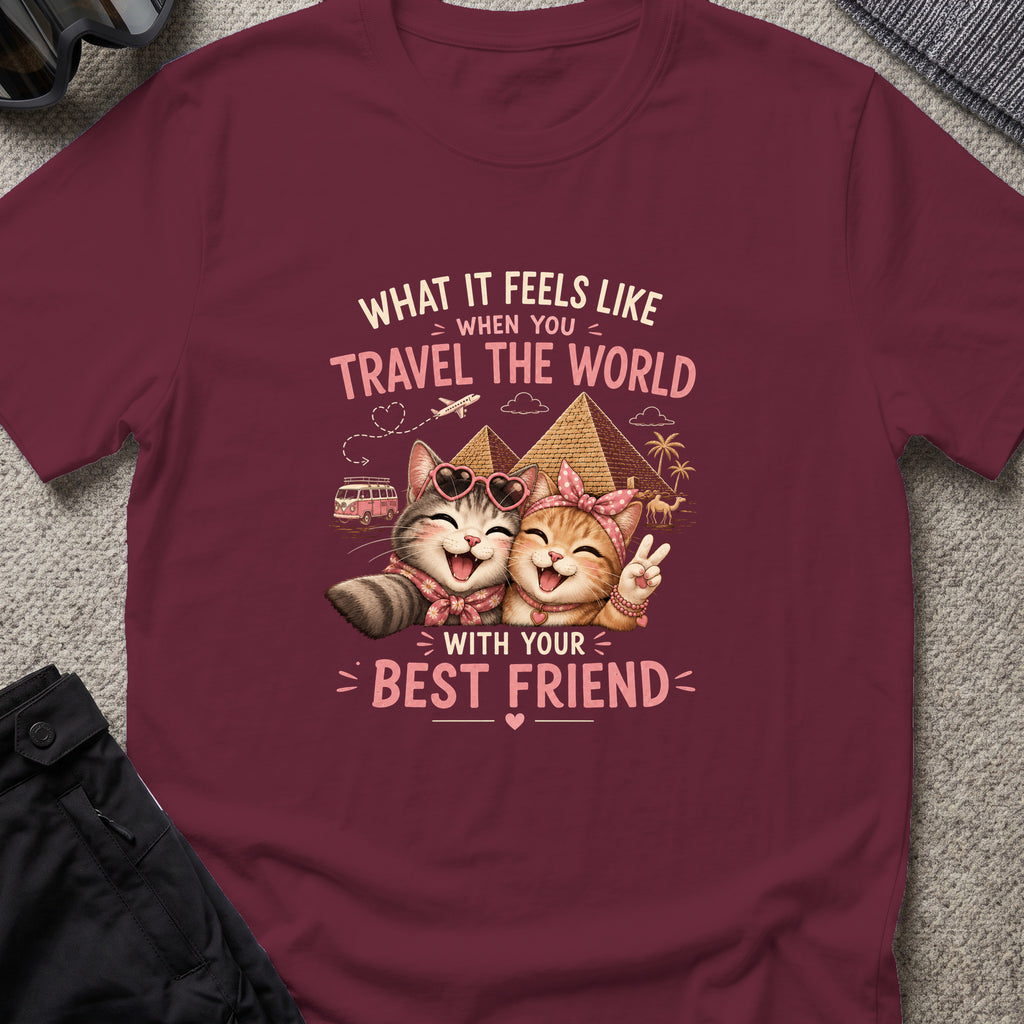 Traveling Kitty Best Friends T-Shirt in Maroon, front view.