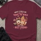 Traveling Kitty Best Friends T-Shirt in Maroon, front view.