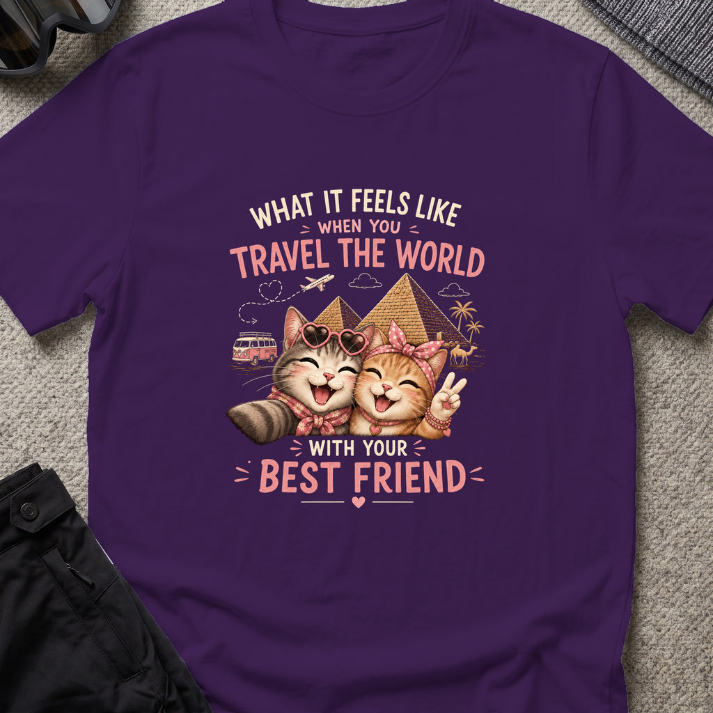 Traveling Kitty Best Friends T-Shirt in Purple, front view.