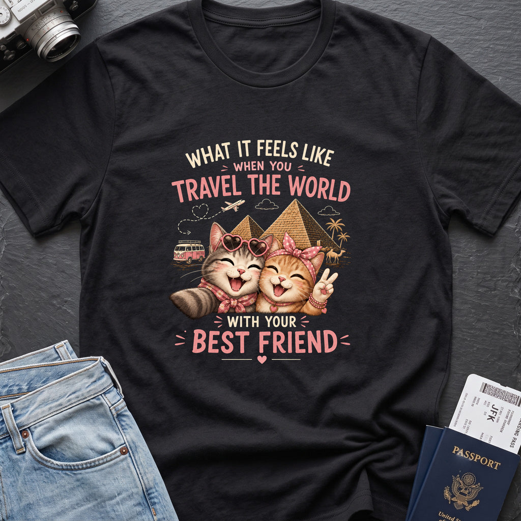 Traveling Kitty Best Friends T-Shirt in Black, front view.