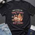 Traveling Kitty Best Friends T-Shirt in Black, front view.