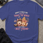 Traveling Kitty Best Friends T-Shirt in Metro Blue, front view.
