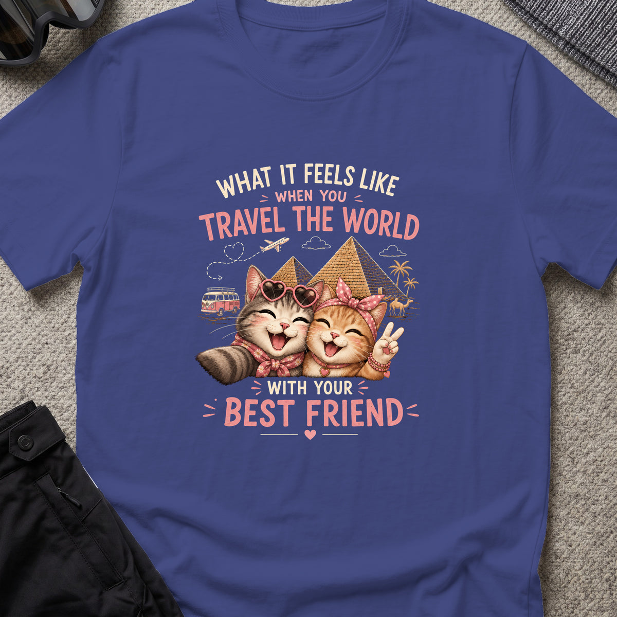 Traveling Kitty Best Friends T-Shirt in Metro Blue, front view.