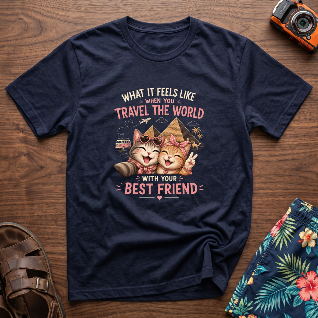 Traveling Kitty Best Friends T-Shirt in Navy, front view.