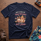 Traveling Kitty Best Friends T-Shirt in Navy, front view.