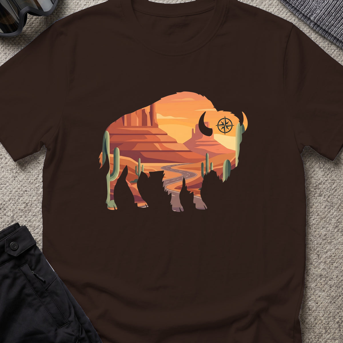 Desert Bison T-Shirt in Dark Chocolate, front view.