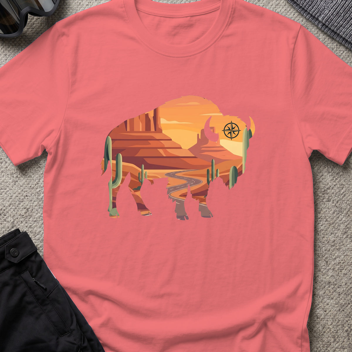 Desert Bison T-Shirt in Coral Silk, front view.