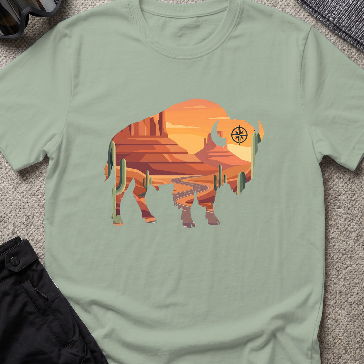 Desert Bison T-Shirt in Sage, front view.