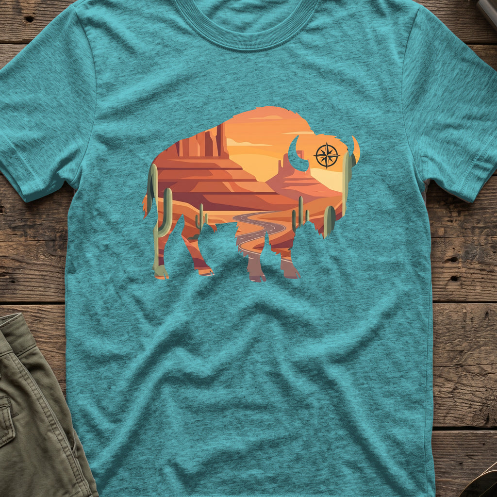 Desert Bison T-Shirt in Heather Galapagos Blue, front view.
